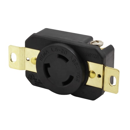 Ac Works Locking Receptacle, L5-20R, 20 A, 125V AC, 2 Pole, Flush Mount, Black FML520R